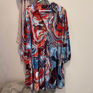 Red and Blue Zara Style Swirl Long Sleeve Dress